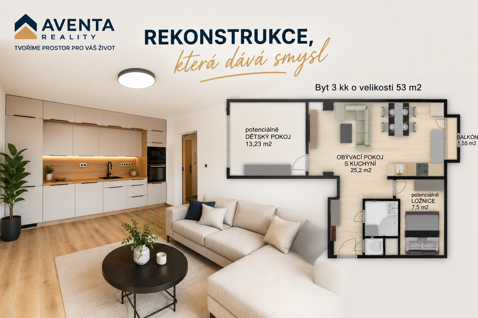 Aventa Reality – Rekonstrukce, která dává smysl. Byt 3+kk o velikosti 53 m²